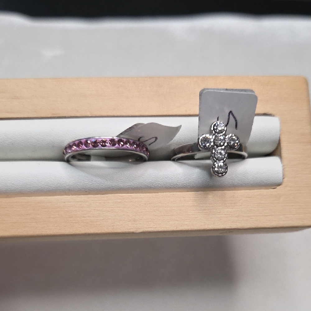 Lot of 2 Stainless Steel Fashion Rings Silver Rhinestone Cross and Purple Band